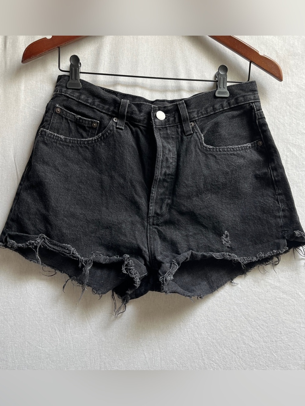 Denim Forum Black Distressed High Rise Denim Shorts 28